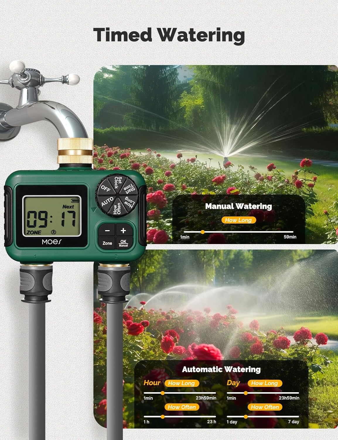 2 Zone Sprinkler Timer for Garden Hose,Brass Inlet &Outlet Water Timer