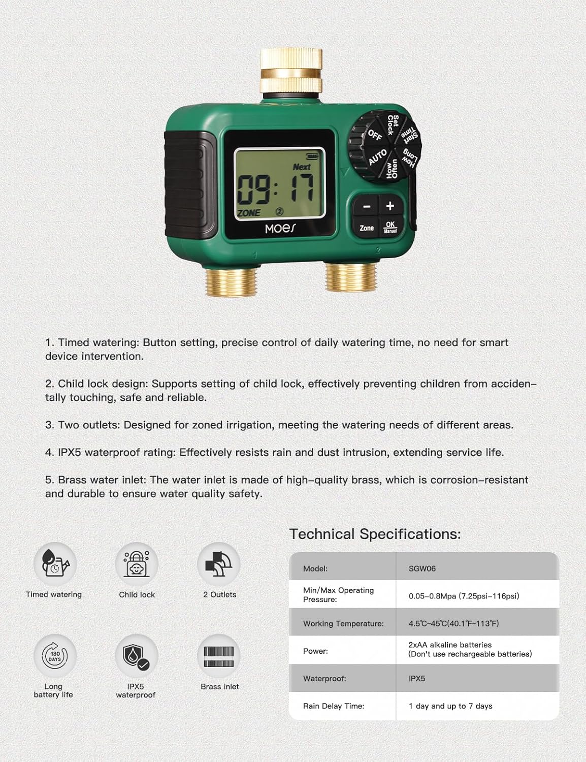2 Zone Sprinkler Timer for Garden Hose,Brass Inlet &Outlet Water Timer