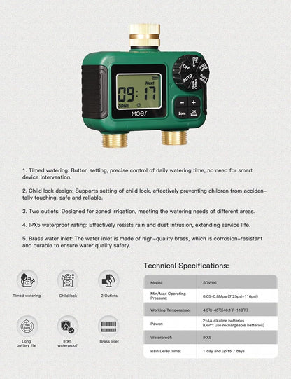 2 Zone Sprinkler Timer for Garden Hose,Brass Inlet &Outlet Water Timer