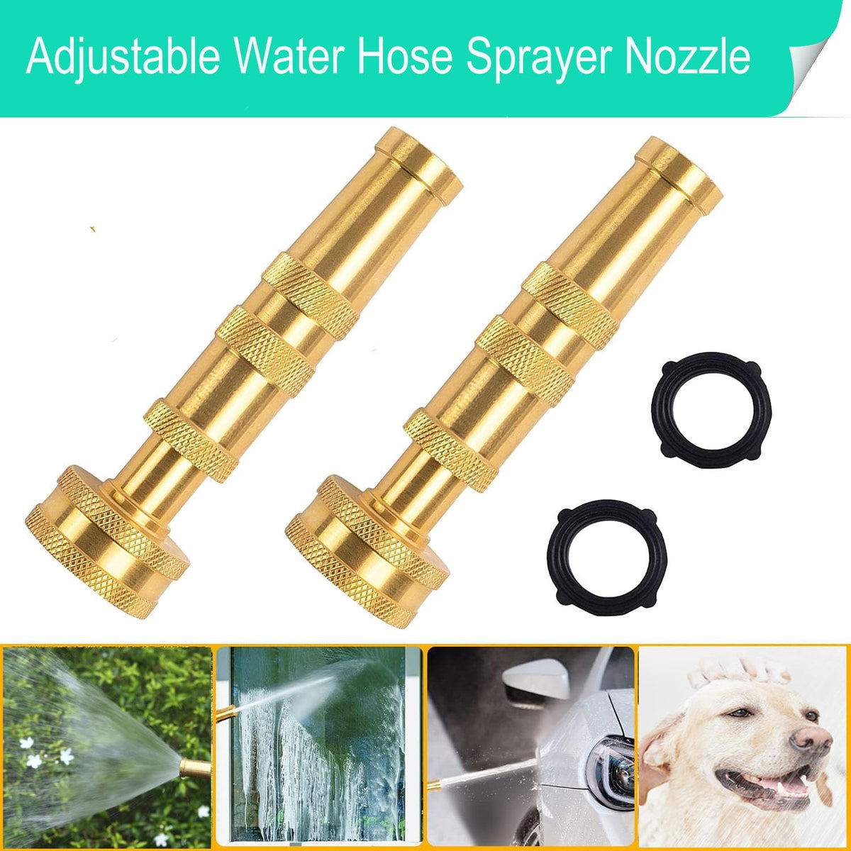 Garden Hose Nozzle, Solid Brass Heavy Duty Adjustable Twist Hose Nozzle, High Pressure Water Hose Sprayer Nozzle, 2 Pack