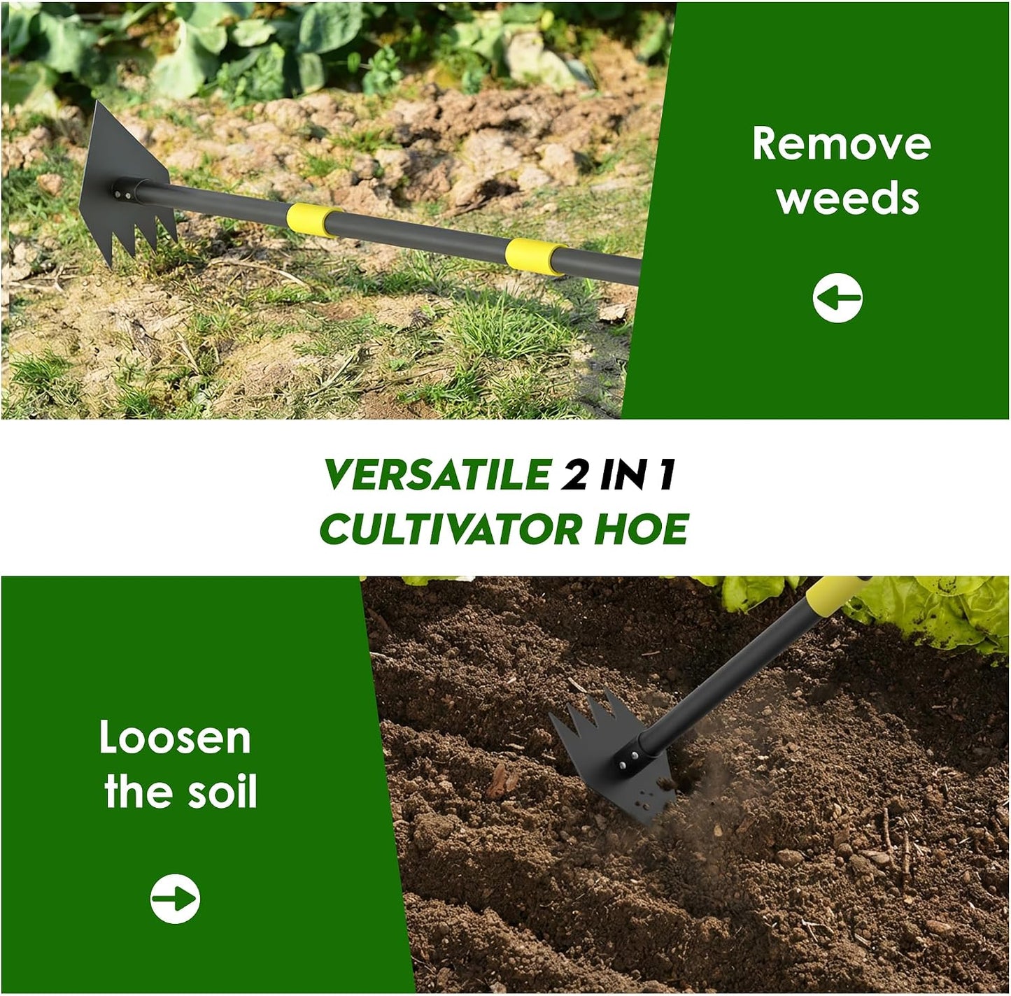 2 in 1 Garden Hoe, 17-60" Adjustable Long Handle Heavy Duty Hoe Garden Tool Weeding Tool for Lawn Care, Weed Removal, Soil Loosening & Cultivating
