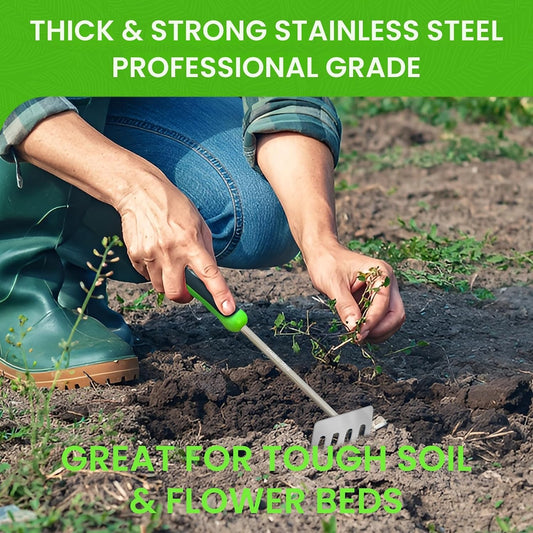 Stainless Steel Hand Rake Cultivator Tiller Tool - Stainless Steel for Ultimate Strength - Rust Resistant - Ergonomic Handle - Great for Gardening Cultivating Loosening Weeding Mulching