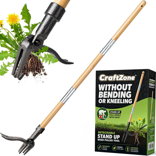 Weed Puller Stand Up Weed Puller Tool with Wooden Long Handle Foot Platform Design 4-Claw Steel Head & Removable 3-Section Pole Garden Tools-Easily Remove Weeds Without Bending or Kneeling