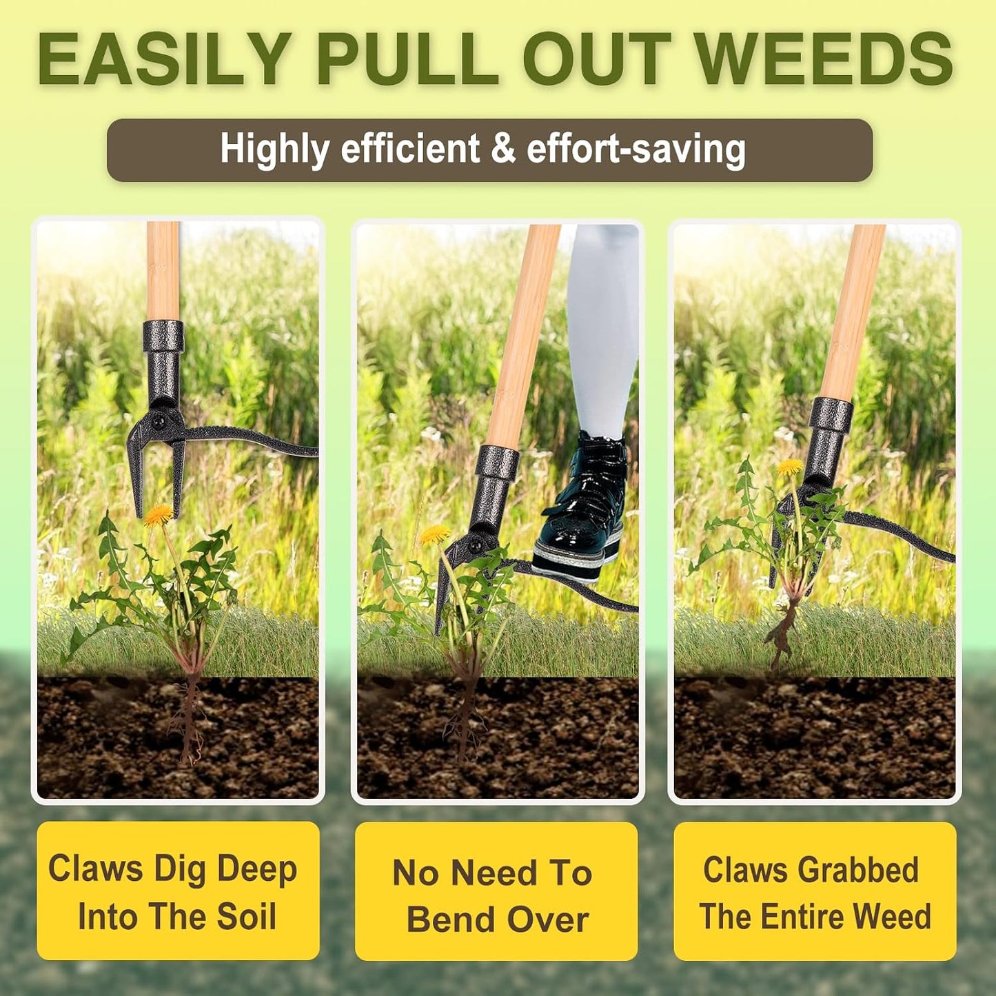 Weed Puller Stand Up Weed Puller Tool with Wooden Long Handle Foot Platform Design 4-Claw Steel Head & Removable 3-Section Pole Garden Tools-Easily Remove Weeds Without Bending or Kneeling