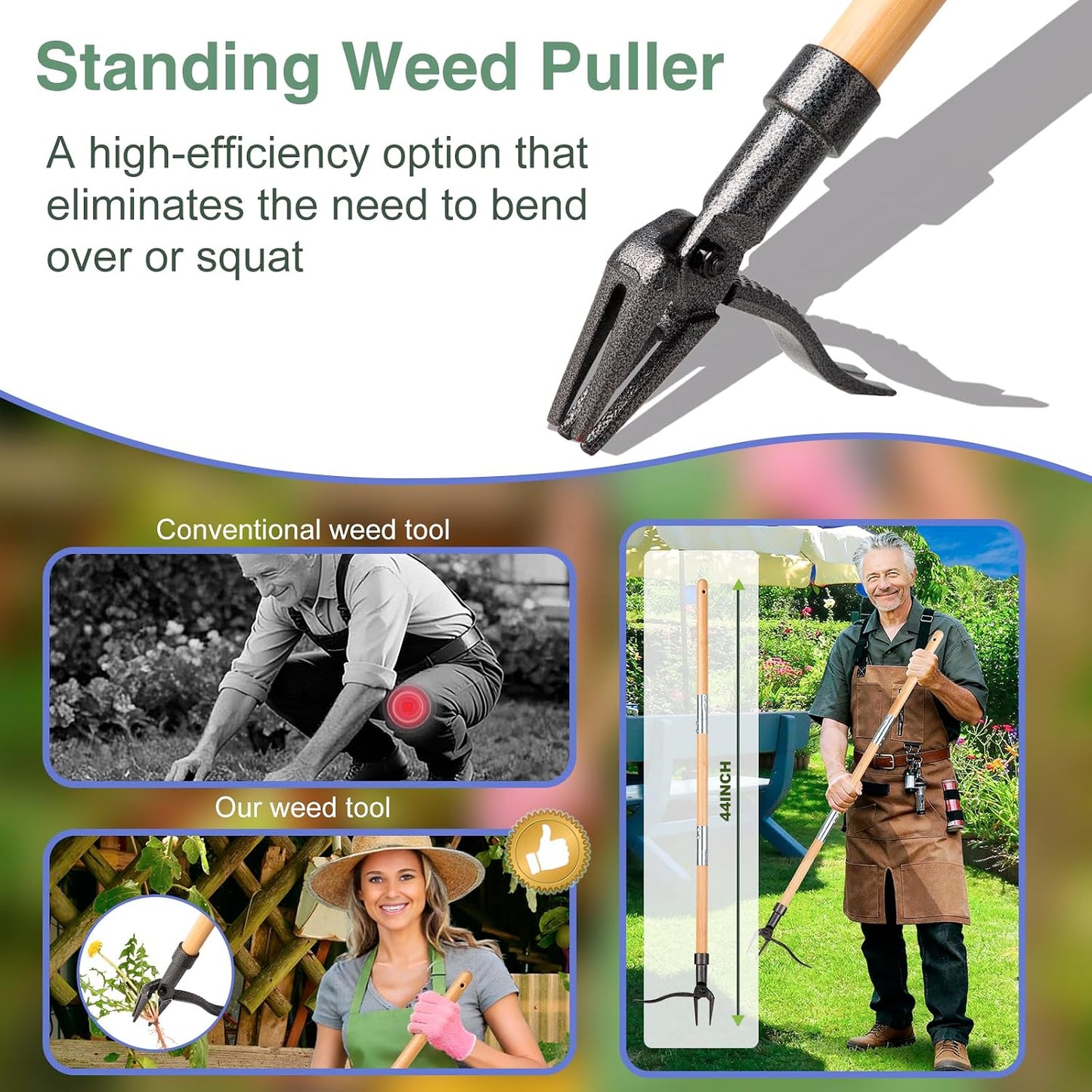 Weed Puller Stand Up Weed Puller Tool with Wooden Long Handle Foot Platform Design 4-Claw Steel Head & Removable 3-Section Pole Garden Tools-Easily Remove Weeds Without Bending or Kneeling