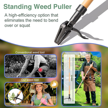 Weed Puller Stand Up Weed Puller Tool with Wooden Long Handle Foot Platform Design 4-Claw Steel Head & Removable 3-Section Pole Garden Tools-Easily Remove Weeds Without Bending or Kneeling
