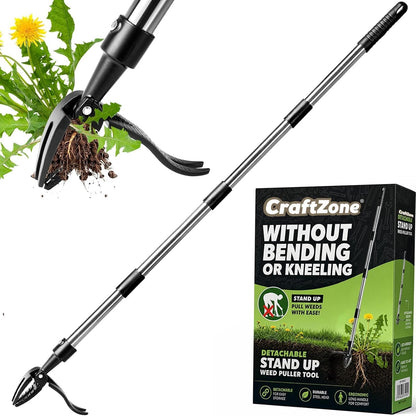 Weed Puller Stand Up Weed Puller Tool with Wooden Long Handle Foot Platform Design 4-Claw Steel Head & Removable 3-Section Pole Garden Tools-Easily Remove Weeds Without Bending or Kneeling
