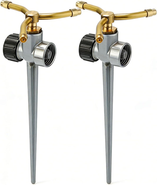 [2 Pack] 3-Arm Rotary Sprinkler Brass Nozzle Metal Spike Base