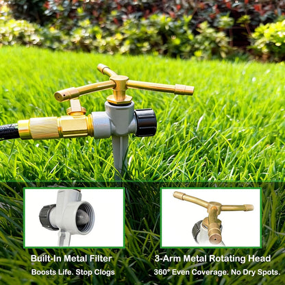 [2 Pack] 3-Arm Rotary Sprinkler Brass Nozzle Metal Spike Base