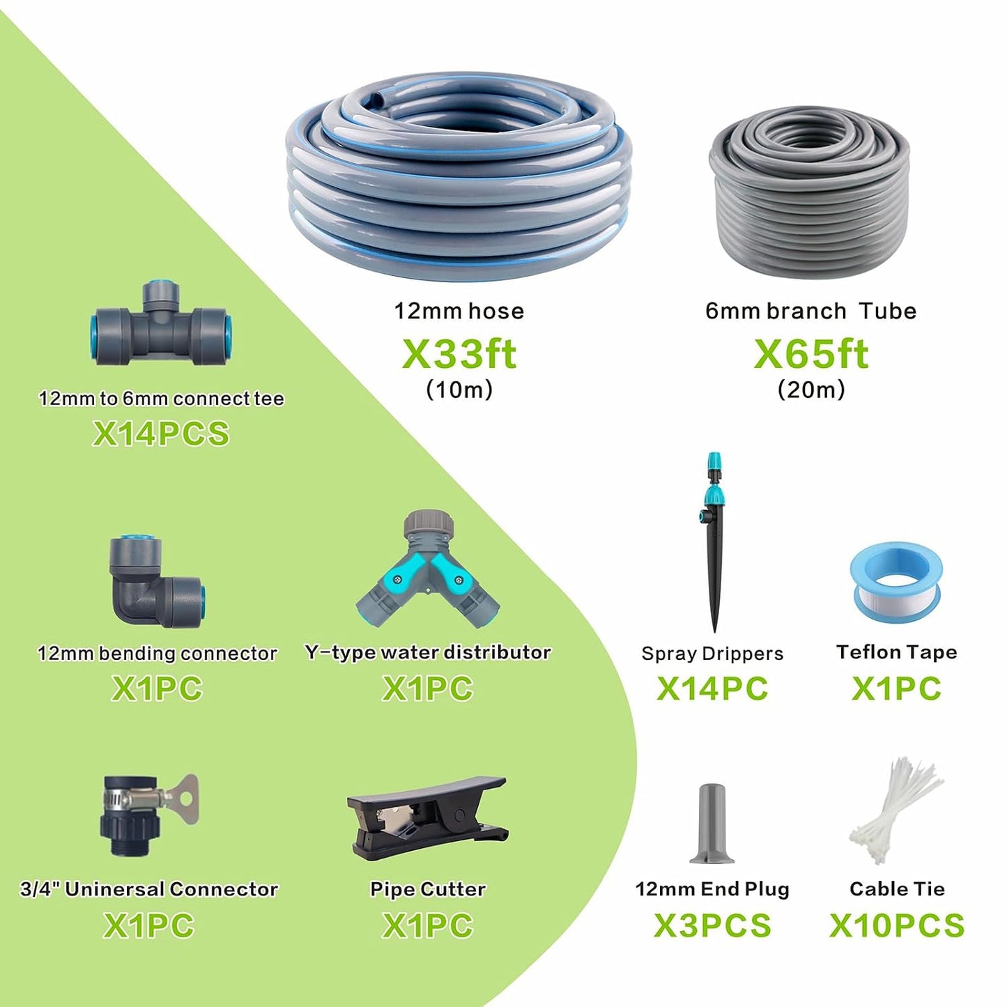 Drip Irrigation System 98ft, Fast Connect Automatic Irrigation Kit with 12mm, 6mm Blank Distribution Tubing and Accessories, DIY Garden Watering Equipment for Garden, Greenhouse, Flower Bed, Patio