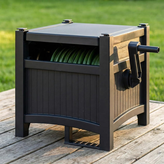 100FT Hose Reel Storage Box, Water Hose Holder,Compact Resin Garden Hose Reel, Mount Outdoor Organizer with Handle for Yard and Garden, Fits Standard 5/8-Inch Hoses, No Assembly Needed,Black