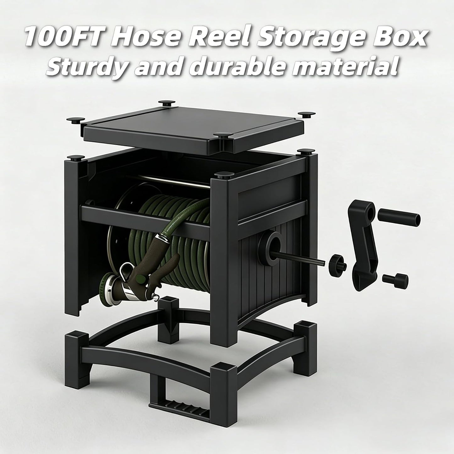 100FT Hose Reel Storage Box, Water Hose Holder,Compact Resin Garden Hose Reel, Mount Outdoor Organizer with Handle for Yard and Garden, Fits Standard 5/8-Inch Hoses, No Assembly Needed,Black
