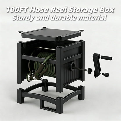 100FT Hose Reel Storage Box, Water Hose Holder,Compact Resin Garden Hose Reel, Mount Outdoor Organizer with Handle for Yard and Garden, Fits Standard 5/8-Inch Hoses, No Assembly Needed,Black