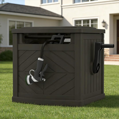 100FT Hose Reel Storage Box, Water Hose Holder,Compact Resin Garden Hose Reel, Mount Outdoor Organizer with Handle for Yard and Garden, Fits Standard 5/8-Inch Hoses, No Assembly Needed,Black