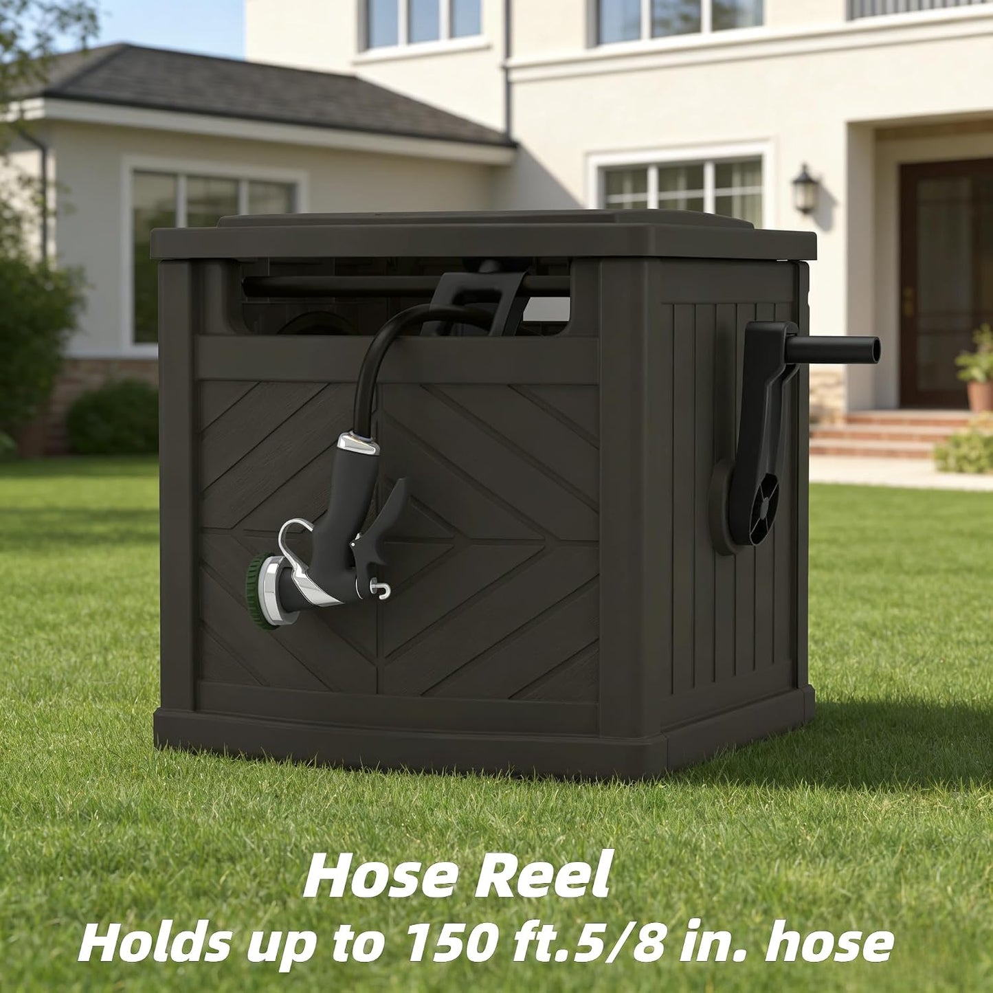 100FT Hose Reel Storage Box, Water Hose Holder,Compact Resin Garden Hose Reel, Mount Outdoor Organizer with Handle for Yard and Garden, Fits Standard 5/8-Inch Hoses, No Assembly Needed,Black