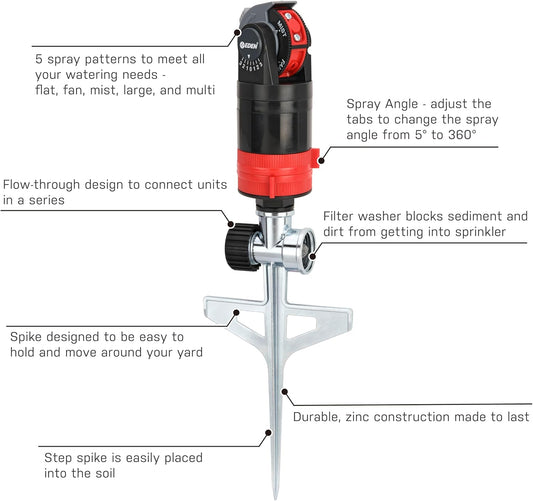 94143 Multi-Pattern Sprinkler Plus One-Direction Misting System with Metal Sprike Set; Gear Drive, Heavy Duty, Gardening Watering System, Garden&Lawns, 5 Pattern, Coverage up to 3737sq.ft