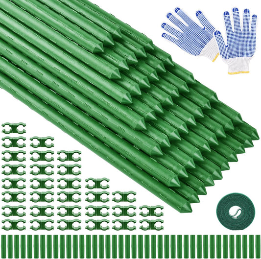 Garden Stakes16 Inch 48 Pack, Tomato cage DIY 4ft 5ft 6ft 7ft 8ft Plant Support Stakes with Connectors and Clips, Plastic Coated Metal Sticks for Tomato Indoor Outdoor