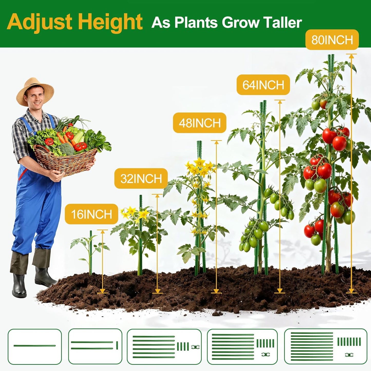 Garden Stakes16 Inch 48 Pack, Tomato cage DIY 4ft 5ft 6ft 7ft 8ft Plant Support Stakes with Connectors and Clips, Plastic Coated Metal Sticks for Tomato Indoor Outdoor