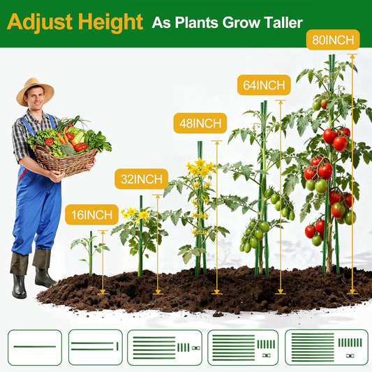 Garden Stakes16 Inch 48 Pack, Tomato cage DIY 4ft 5ft 6ft 7ft 8ft Plant Support Stakes with Connectors and Clips, Plastic Coated Metal Sticks for Tomato Indoor Outdoor
