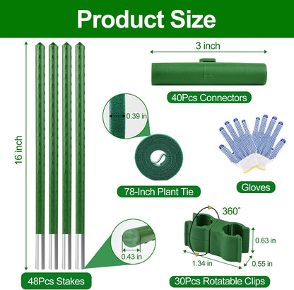 Garden Stakes16 Inch 48 Pack, Tomato cage DIY 4ft 5ft 6ft 7ft 8ft Plant Support Stakes with Connectors and Clips, Plastic Coated Metal Sticks for Tomato Indoor Outdoor