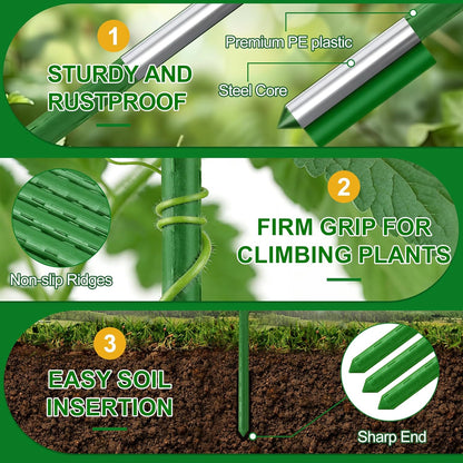 Garden Stakes16 Inch 48 Pack, Tomato cage DIY 4ft 5ft 6ft 7ft 8ft Plant Support Stakes with Connectors and Clips, Plastic Coated Metal Sticks for Tomato Indoor Outdoor