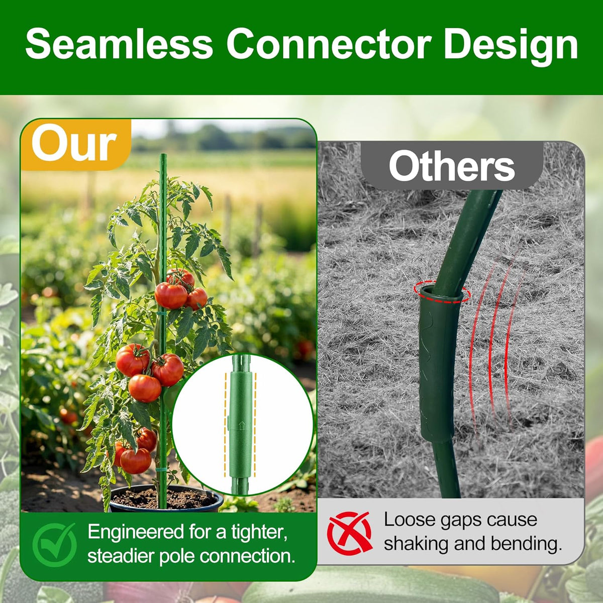 Garden Stakes16 Inch 48 Pack, Tomato cage DIY 4ft 5ft 6ft 7ft 8ft Plant Support Stakes with Connectors and Clips, Plastic Coated Metal Sticks for Tomato Indoor Outdoor