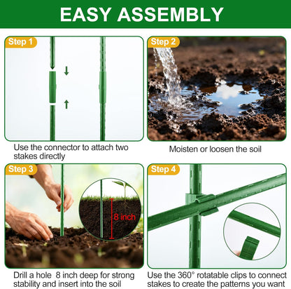 Garden Stakes16 Inch 48 Pack, Tomato cage DIY 4ft 5ft 6ft 7ft 8ft Plant Support Stakes with Connectors and Clips, Plastic Coated Metal Sticks for Tomato Indoor Outdoor