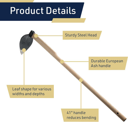 Hoe Garden Tool - 41” Heart-Shaped Steel Garden Hoe with European Ash Wood Handle - Heavy Duty Multipurpose Gardening Tools for Weeding, Digging, and Loosening Soil