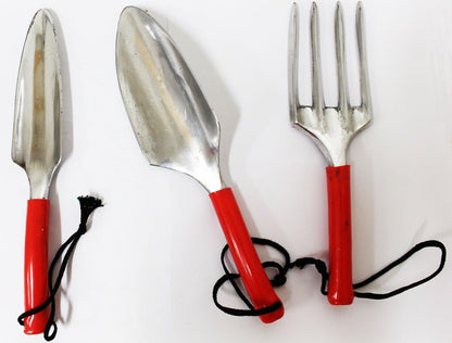 3 Piece Deluxe Gardening Hand Tool Set | Hand Fork, Trowel, Transplant Trowel | 10" x 9" Design | Silvery Steel Finish with Red Handles | Essential Gardening Kit