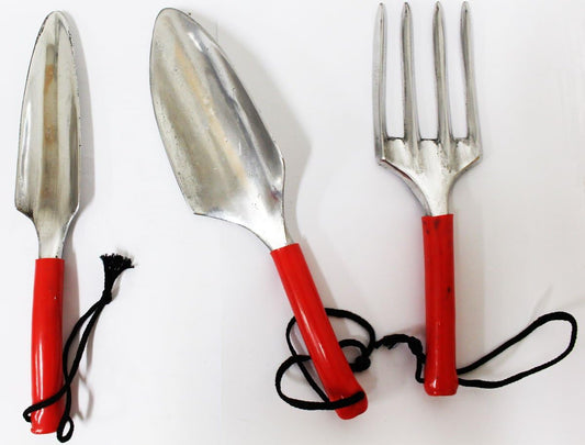 3 Piece Deluxe Gardening Hand Tool Set | Hand Fork, Trowel, Transplant Trowel | 10" x 9" Design | Silvery Steel Finish with Red Handles | Essential Gardening Kit