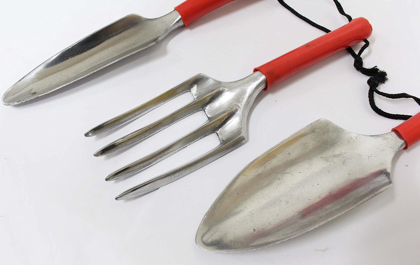 3 Piece Deluxe Gardening Hand Tool Set | Hand Fork, Trowel, Transplant Trowel | 10" x 9" Design | Silvery Steel Finish with Red Handles | Essential Gardening Kit