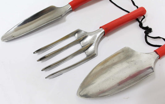 3 Piece Deluxe Gardening Hand Tool Set | Hand Fork, Trowel, Transplant Trowel | 10" x 9" Design | Silvery Steel Finish with Red Handles | Essential Gardening Kit