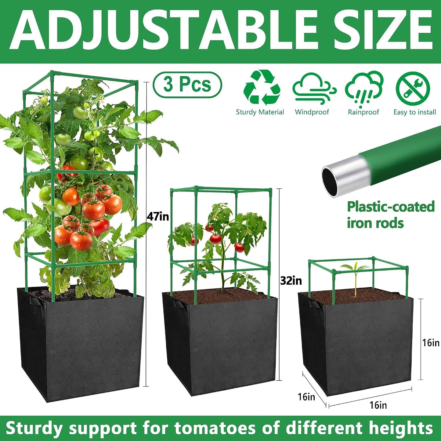 3 Packs 47 x 16 x 16 Inch Garden Tomato Cages with 17 Gallon Grow Bags- Square Plant Support Trellis Assembled with Planter Bags- Garden Cucumber Vegetables Frames for Vertical Climbing Plants