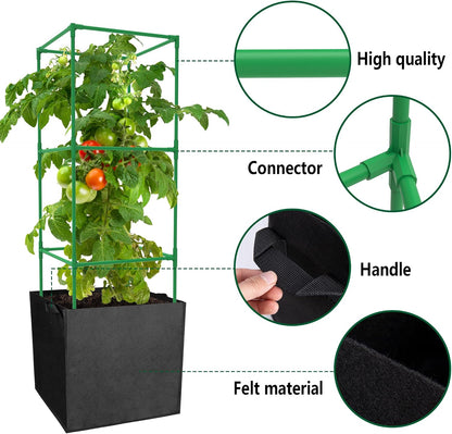 3 Packs 47 x 16 x 16 Inch Garden Tomato Cages with 17 Gallon Grow Bags- Square Plant Support Trellis Assembled with Planter Bags- Garden Cucumber Vegetables Frames for Vertical Climbing Plants