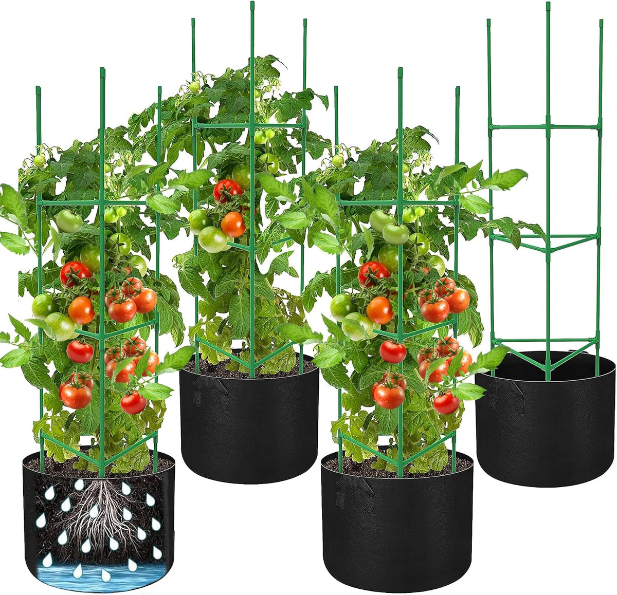 3 Packs 47 x 16 x 16 Inch Garden Tomato Cages with 17 Gallon Grow Bags- Square Plant Support Trellis Assembled with Planter Bags- Garden Cucumber Vegetables Frames for Vertical Climbing Plants