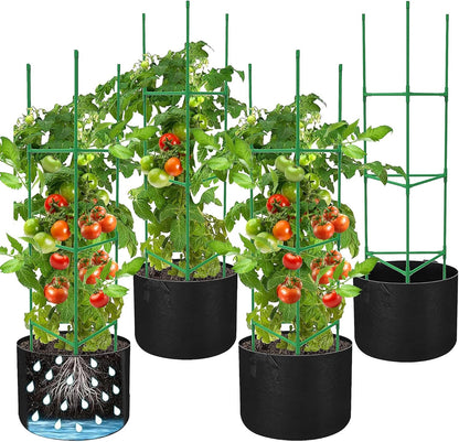 3 Packs 47 x 16 x 16 Inch Garden Tomato Cages with 17 Gallon Grow Bags- Square Plant Support Trellis Assembled with Planter Bags- Garden Cucumber Vegetables Frames for Vertical Climbing Plants
