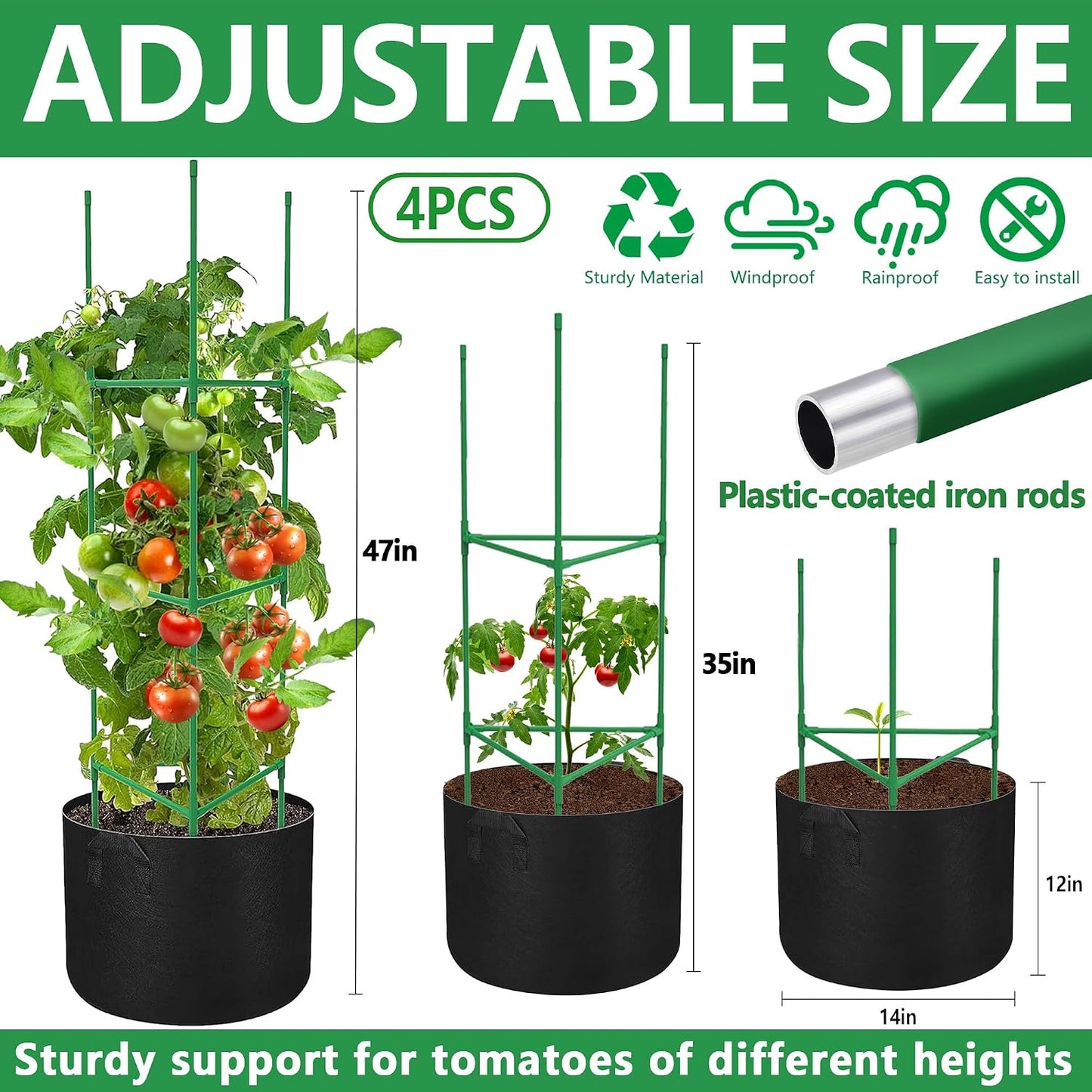 3 Packs 47 x 16 x 16 Inch Garden Tomato Cages with 17 Gallon Grow Bags- Square Plant Support Trellis Assembled with Planter Bags- Garden Cucumber Vegetables Frames for Vertical Climbing Plants