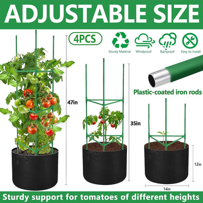 3 Packs 47 x 16 x 16 Inch Garden Tomato Cages with 17 Gallon Grow Bags- Square Plant Support Trellis Assembled with Planter Bags- Garden Cucumber Vegetables Frames for Vertical Climbing Plants