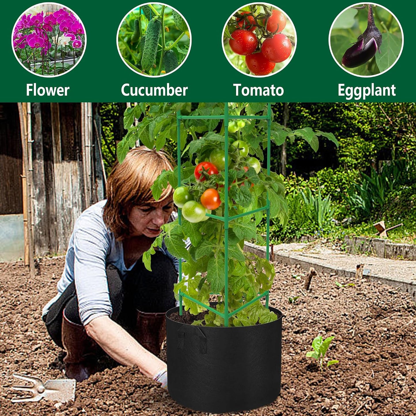 3 Packs 47 x 16 x 16 Inch Garden Tomato Cages with 17 Gallon Grow Bags- Square Plant Support Trellis Assembled with Planter Bags- Garden Cucumber Vegetables Frames for Vertical Climbing Plants