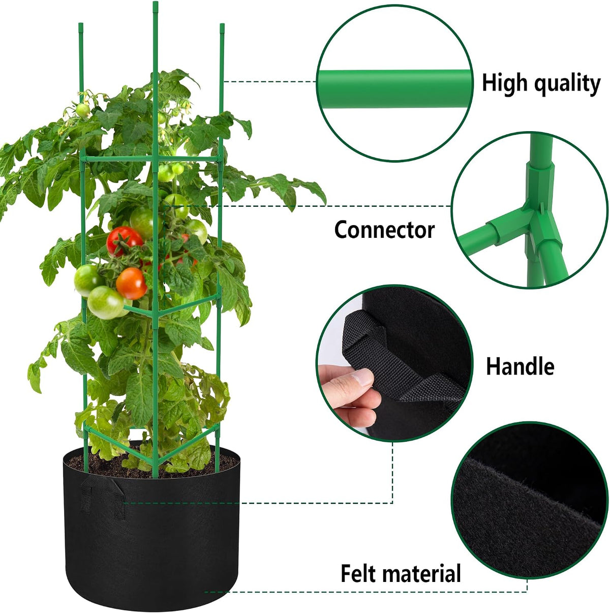 3 Packs 47 x 16 x 16 Inch Garden Tomato Cages with 17 Gallon Grow Bags- Square Plant Support Trellis Assembled with Planter Bags- Garden Cucumber Vegetables Frames for Vertical Climbing Plants