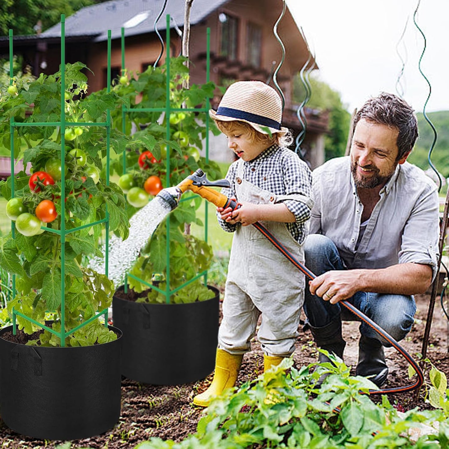 3 Packs 47 x 16 x 16 Inch Garden Tomato Cages with 17 Gallon Grow Bags- Square Plant Support Trellis Assembled with Planter Bags- Garden Cucumber Vegetables Frames for Vertical Climbing Plants