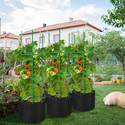 3 Packs 47 x 16 x 16 Inch Garden Tomato Cages with 17 Gallon Grow Bags- Square Plant Support Trellis Assembled with Planter Bags- Garden Cucumber Vegetables Frames for Vertical Climbing Plants