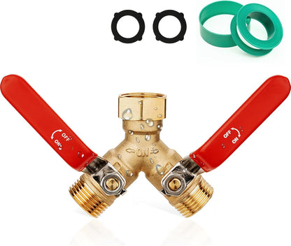 Garden Water Hose Splitter - RV Water Splitter 2 Way Heavy Duty Brass Spigot Hose Splitter - Outdoor Y Hose Bib 2 Valves with 2 Extra Rubber Washers for 3/4" Hose Connector (Red)