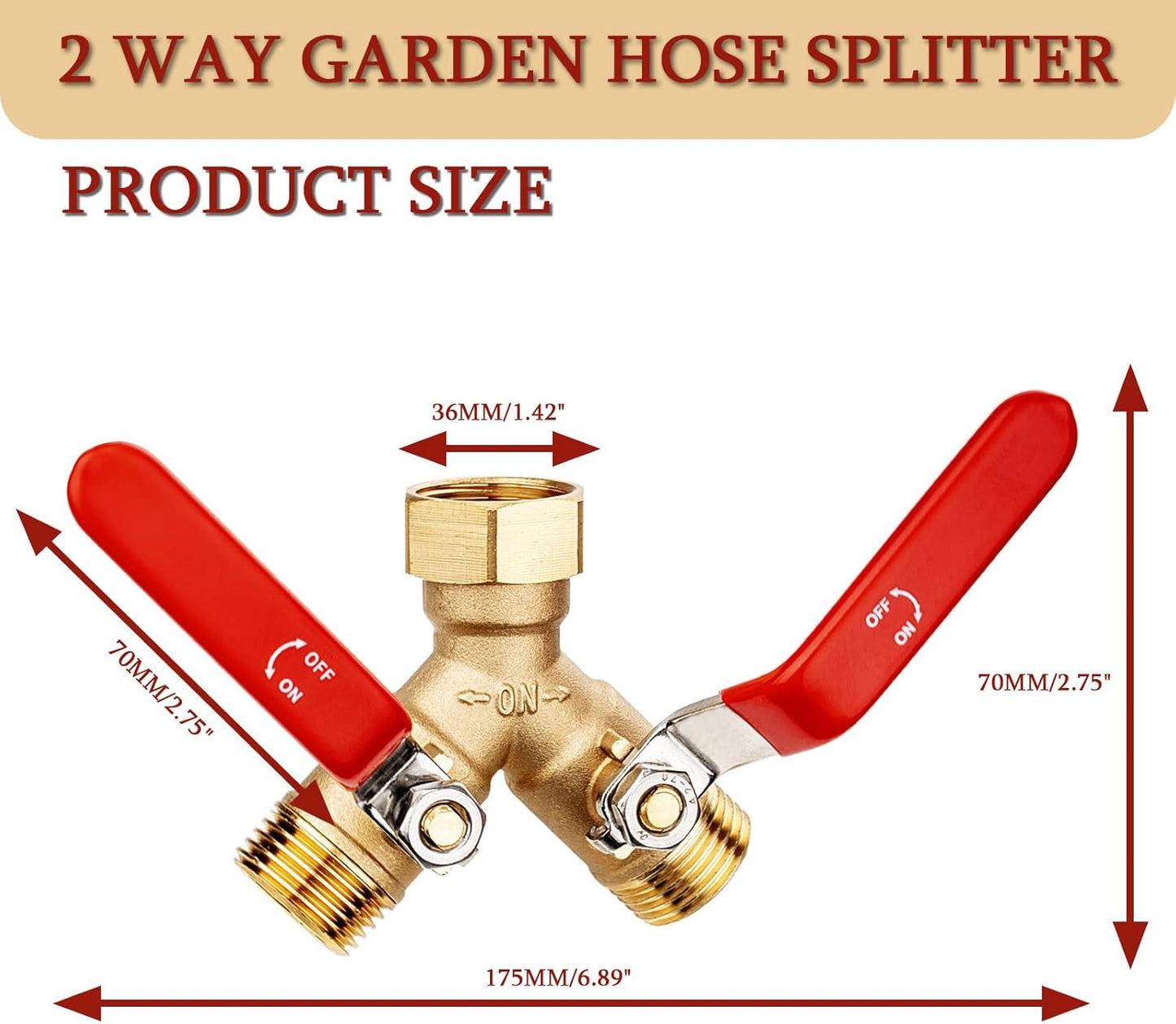 Garden Water Hose Splitter - RV Water Splitter 2 Way Heavy Duty Brass Spigot Hose Splitter - Outdoor Y Hose Bib 2 Valves with 2 Extra Rubber Washers for 3/4" Hose Connector (Red)