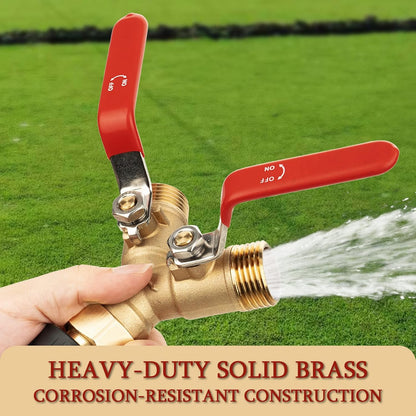 Garden Water Hose Splitter - RV Water Splitter 2 Way Heavy Duty Brass Spigot Hose Splitter - Outdoor Y Hose Bib 2 Valves with 2 Extra Rubber Washers for 3/4" Hose Connector (Red)