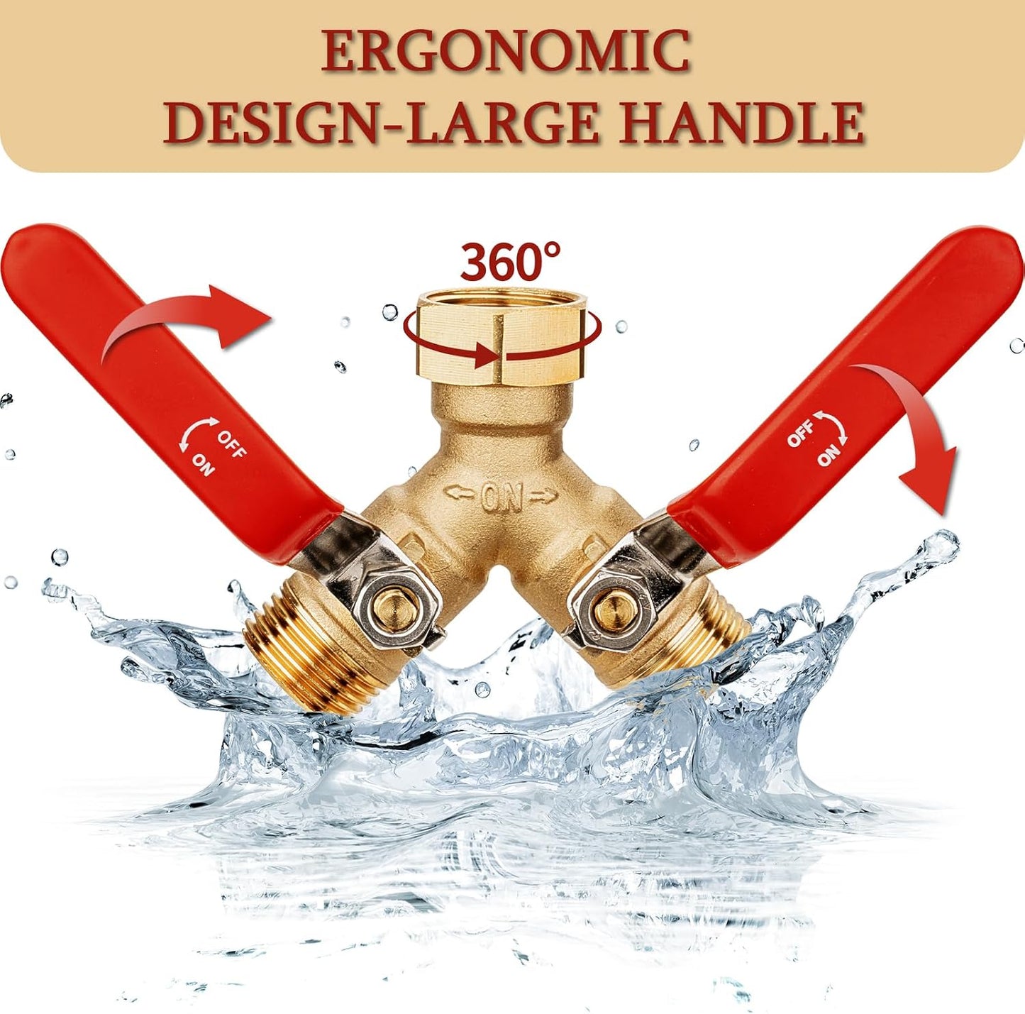 Garden Water Hose Splitter - RV Water Splitter 2 Way Heavy Duty Brass Spigot Hose Splitter - Outdoor Y Hose Bib 2 Valves with 2 Extra Rubber Washers for 3/4" Hose Connector (Red)