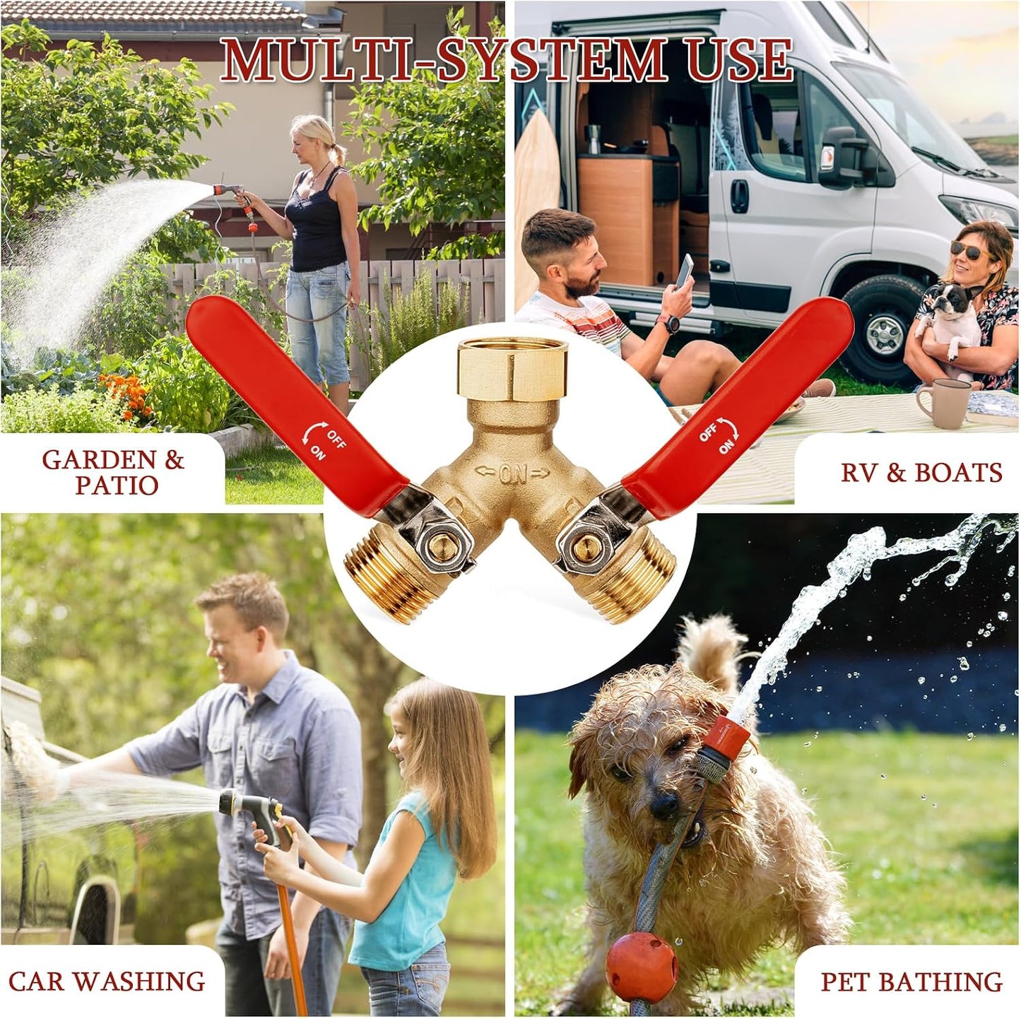 Garden Water Hose Splitter - RV Water Splitter 2 Way Heavy Duty Brass Spigot Hose Splitter - Outdoor Y Hose Bib 2 Valves with 2 Extra Rubber Washers for 3/4" Hose Connector (Red)