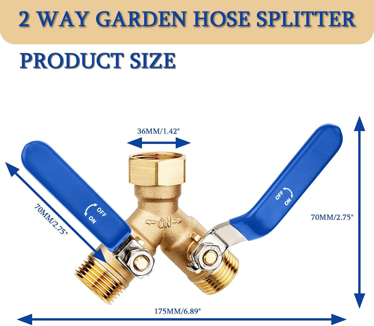 Garden Water Hose Splitter - RV Water Splitter 2 Way Heavy Duty Brass Spigot Hose Splitter - Outdoor Y Hose Bib 2 Valves with 2 Extra Rubber Washers for 3/4" Hose Connector (Red)