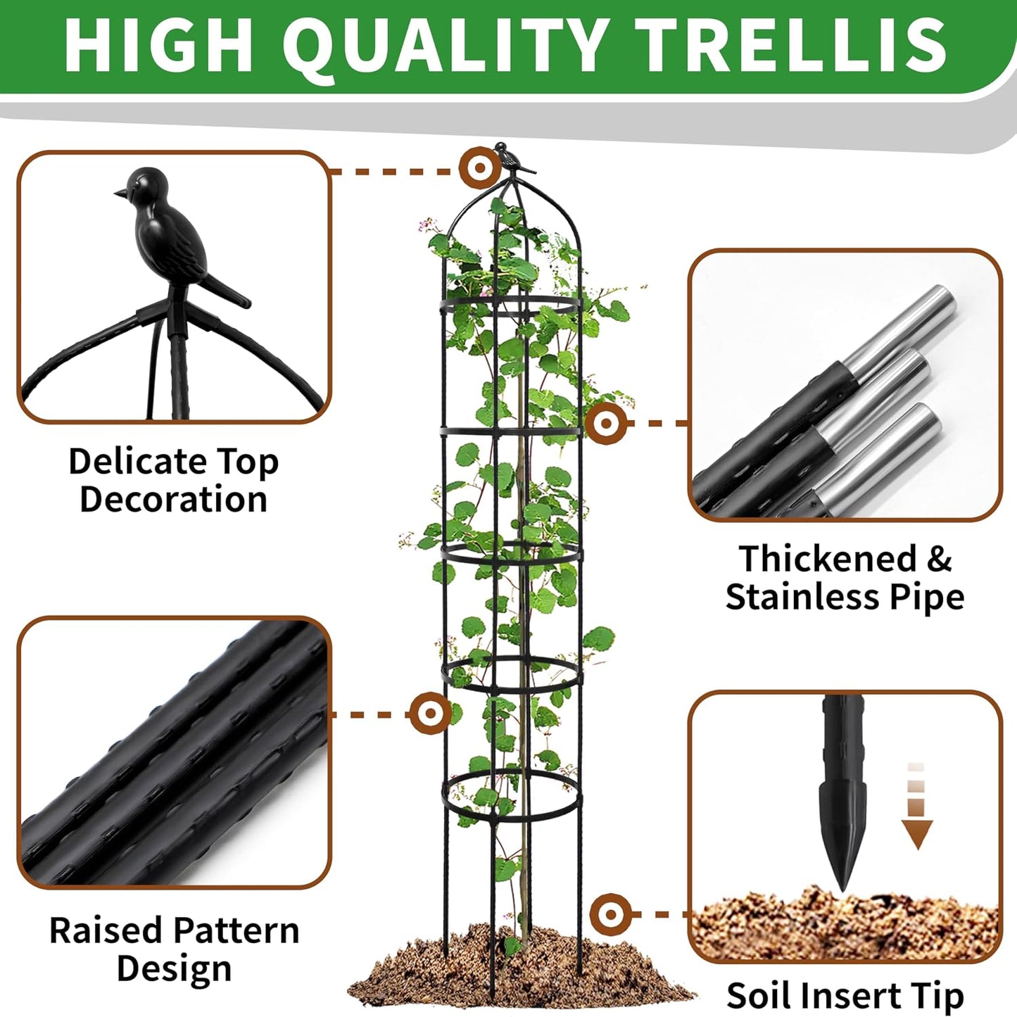6FT Garden Obelisk Trellis for Climbing Plants,70”Metal Plant Support Tower, Heavy Duty Thickened Tube,Rustproof Black Flower Stand for Vines, Roses, Outdoor & Indoor Use