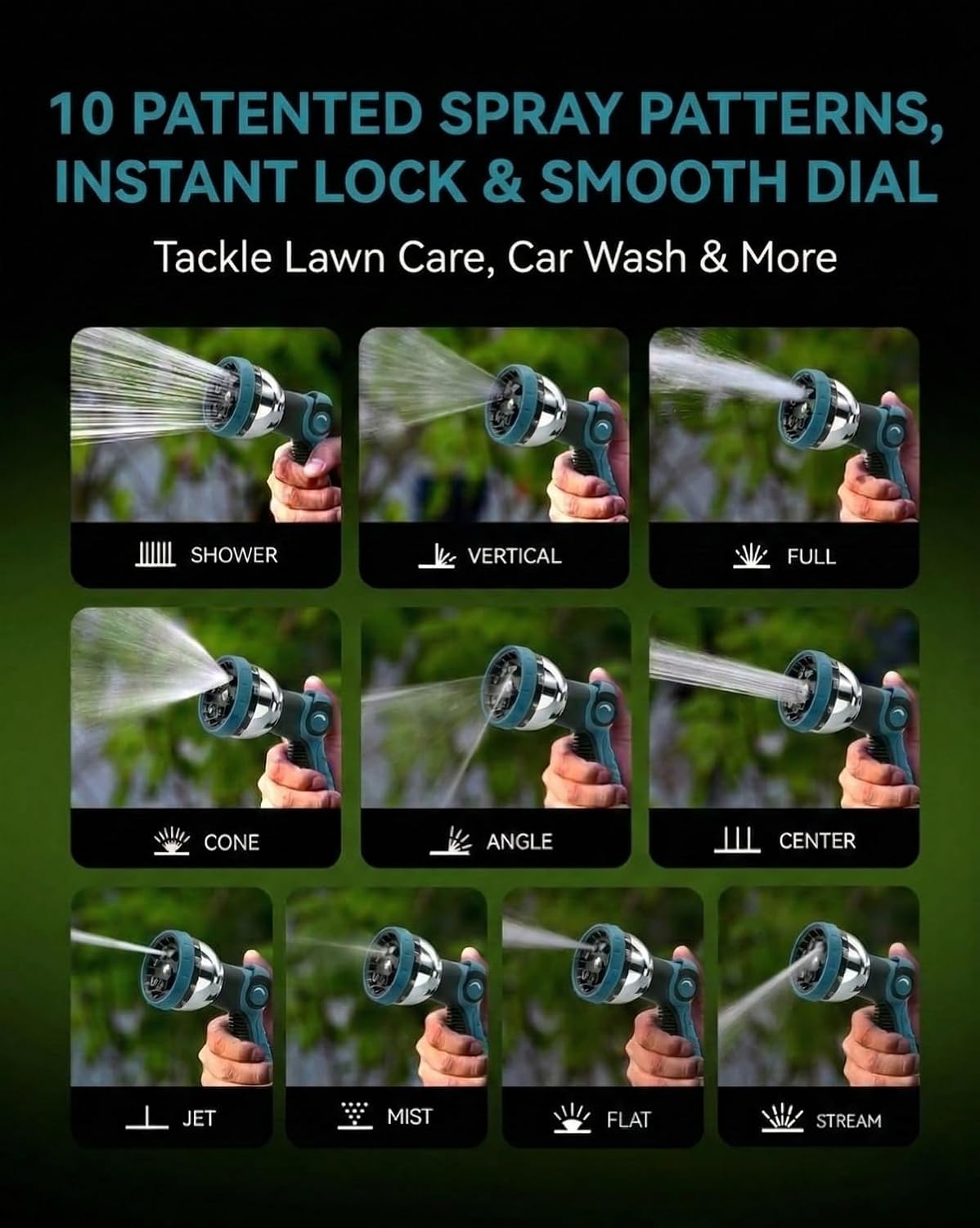 Garden Hose Nozzle Heavy Duty, Metal Water Hose Sprayer with 10 Adjustable Spray Patterns, Thumb Control On Off Valve, High Pressure Hose Nozzle for Watering, Cleaning, Car Washing & Pet Shower